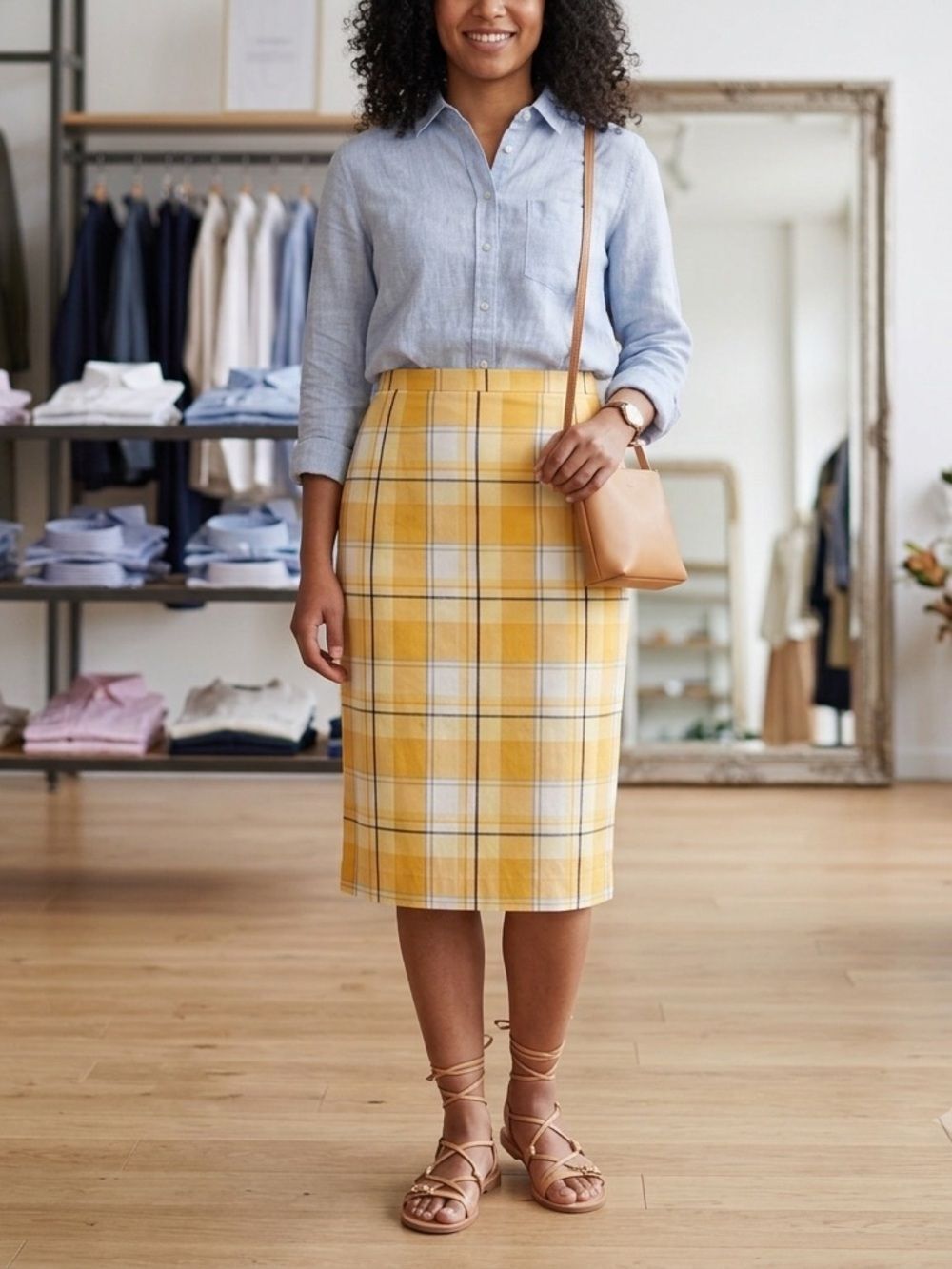 AnnโTaylor Factory yellow multi-plaid pencil skirt, size 8.